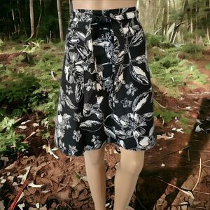 MERONA Floral Linen Skirt Tie Waist Sz  2 A Line Black White Lined Career Night